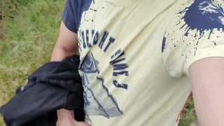 Hot naked uncut man pissing on a tree trunk bigcock peeing