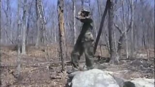 Soldier strokes dick in forest